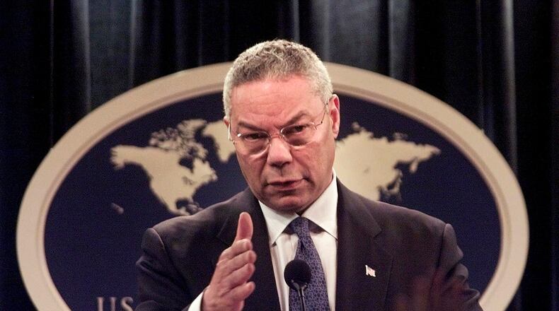 FILE - In this Monday, Sept. 17, 2001 file photo, Secretary of State Colin Powell speaks during a news conference at the State Department in Washington, discussing the diplomatic aspects of the previous week's terrorist attacks. (AP Photo/Hillery Smith Garrison, File)
