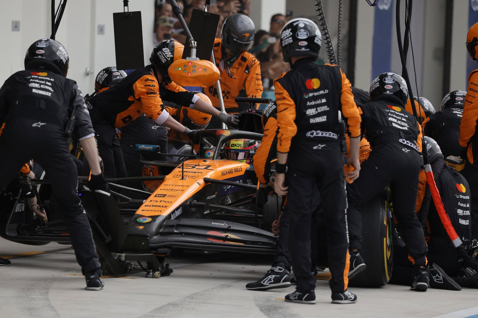 McLaren driver Oscar Piastri of Australia makes a pits stop during the Formula One Miami Grand Prix auto race Sunday, May 4, 2025, in Miami Gardens. Fla. (Shawn Thew/Pool Photo via AP)
