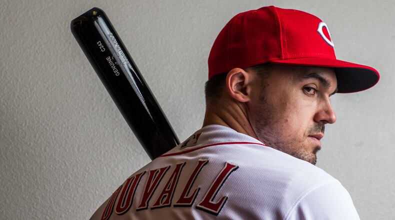 Adam Duvall #23 of the Cincinnati Reds poses for a portrait at the Cincinnati Reds Player Development Complex on February 20, 2018 in Goodyear, Arizona. (Photo by Rob Tringali/Getty Images)
