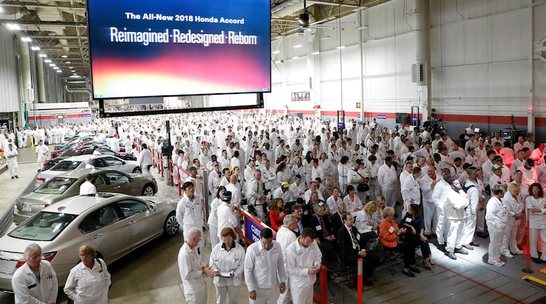 Hundreds of Honda Asoociates gathered for the unveiling of the all new 2018 Honda Accord at the Marysville plant Monday. The automaker is hiring 300 new workers to support production of the car. Bill Lackey/Staff