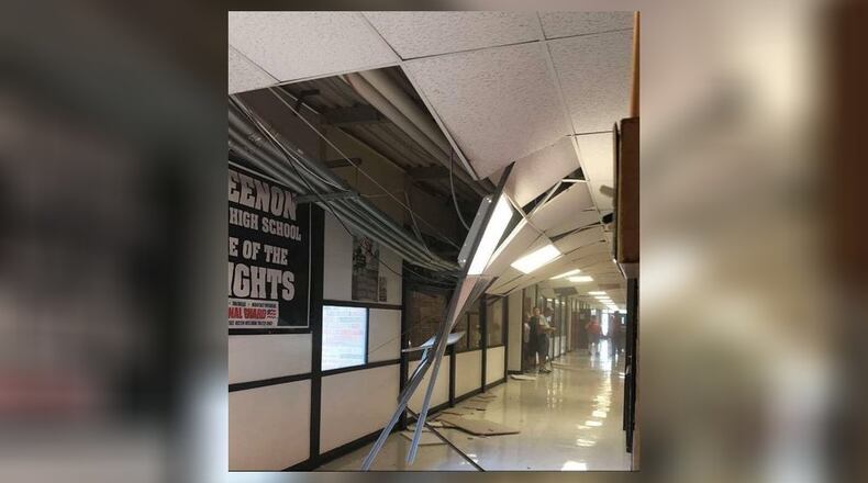 Pictured is ceiling tiles that fell down at Greenon High School.
