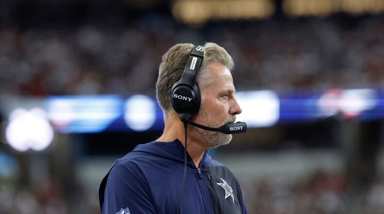 FILE - Dallas Cowboys defensive coordinator Matt Eberflus on the sidelines during a NFL football game against the Washington Commanders on Sunday, Oct. 19, 2025, in Arlington, Texas. (AP Photo/Matt Patterson, File)