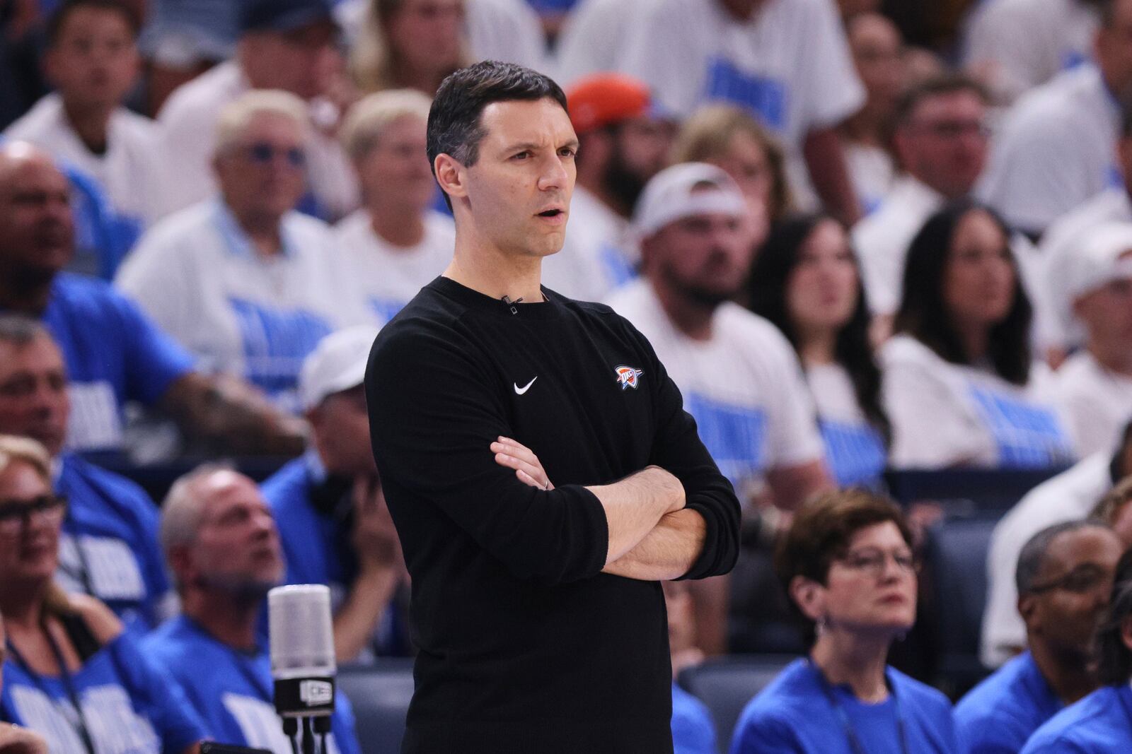 Oklahoma City Thunder head coach Mark Daigneault watches play against the Denver Nuggets in the second half of Game 5 of an NBA basketball second-round playoff series Tuesday, May 13, 2025, in Oklahoma City. (AP Photo/Nate Billings)