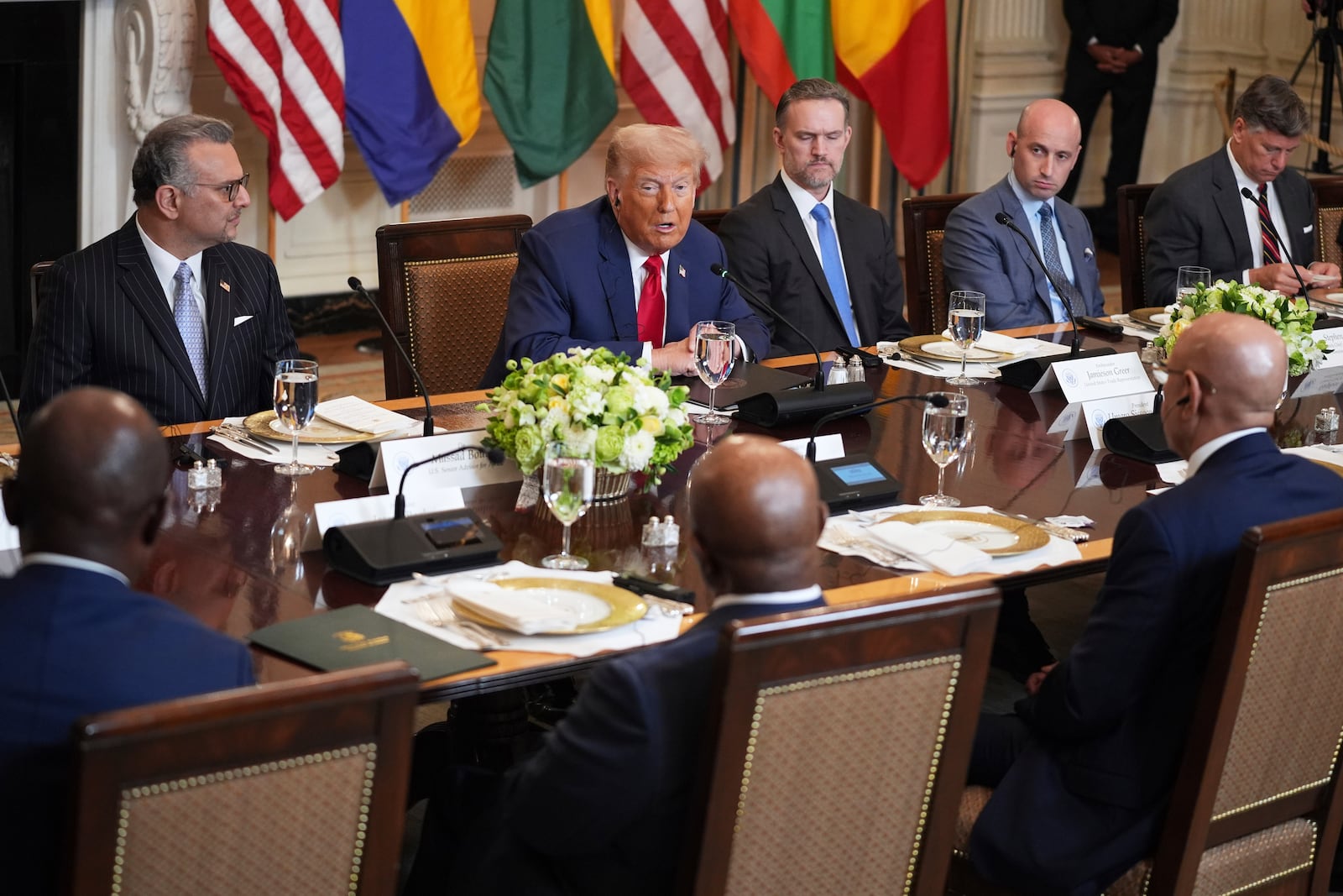 President Donald Trump speaks during a lunch with African leaders including Senegalese President Bassirou Diomaye Faye, Liberian President Joseph Nyuma Boakai, Bissau-Guinean President Umaro Sissoco EmbalÛ, Mauritanian President Mohamed Ould Ghazouani and Gabonese President Brice Oligui Nguema in the State Dining Room of the White House, Wednesday, July 9, 2025, in Washington. (AP Photo/Evan Vucci)