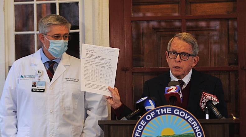 Gov. Mike DeWine asked Ohioans to reduce contact with people outside their homes as coronavirus cases and hospitalizations continue to rise in the state. STAFF/MARSHALL GORBY