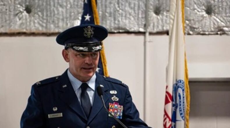 Col. Christopher Meeker, then the 88th Air Base Wing and installation commander, spoke during the Honor Guard Graduation Ceremony on April 17, 2023, at Wright-Patterson Air Force Base. Air Force photo