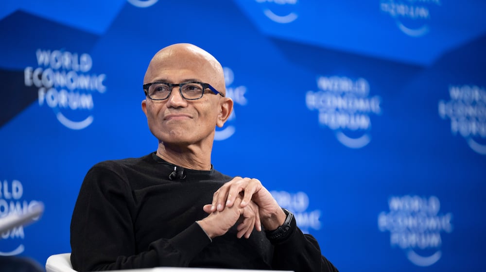 Satya Nadella, CEO of Microsoft speaks during a panel session at the 56th annual meeting of the World Economic Forum, in Davos, Switzerland, Tuesday, Jan. 20, 2026. (Gian Ehrenzeller/Keystone via AP)