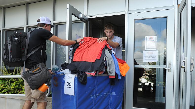 Students move into Marycrest Residential Complex at the University of Dayton on Wednesday Aug. 18, 2021. MARSHALL GORBY\STAFF