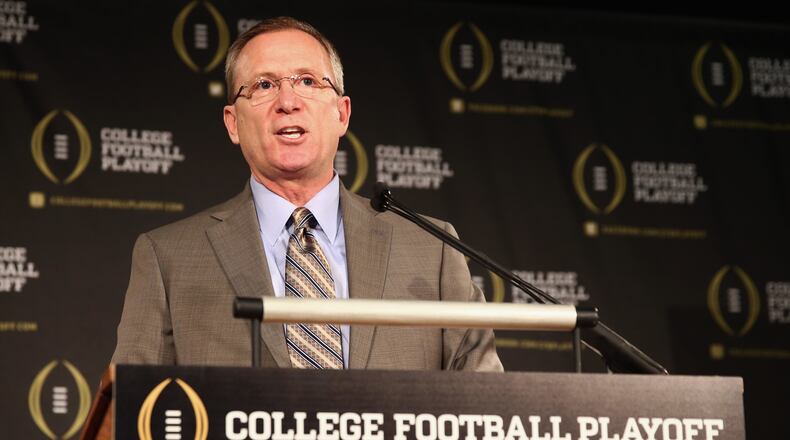 IRVING, TX - OCTOBER 16:  Jeff Long answers questions from the media after being named the chairman of the College Football Playoff selection committee on October 16, 2013 in Irving, Texas. Condoleezza Rice, Stanford University professor and former United States Secretary of State, was also chosen to serve as one of the 13 members that will select four teams to compete in the first playoff at the end of the 2014 season.  (Photo by Tom Pennington/Getty Images)