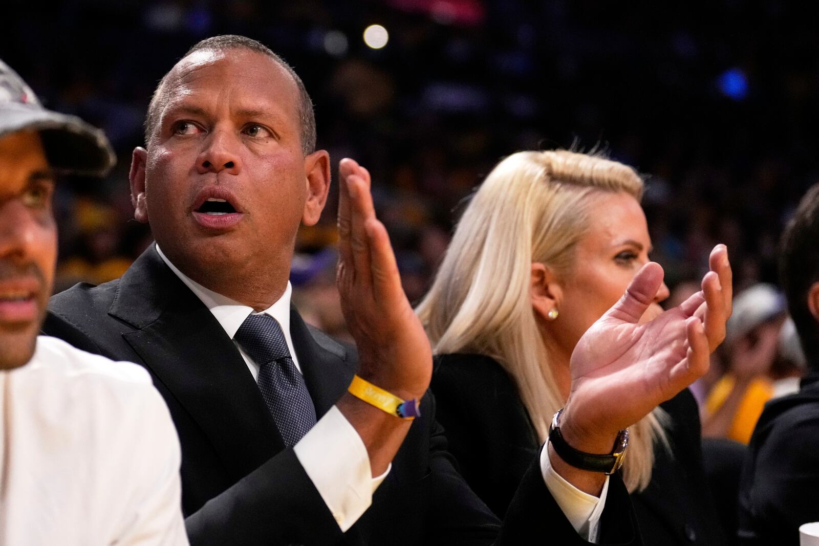 Alex Rodriguez, co-owner, of the Minnesota Timberwolves, claps during the second half in Game 1 of an NBA first-round playoff series Los Angeles Lakers, Saturday, April 19, 2025, in Los Angeles. (AP Photo/Mark J. Terrill)