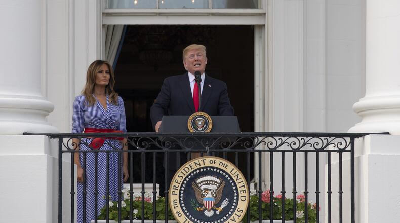 WASHINGTON, DC - JULY 04: US President Donald Trump delivers remarks during a picnic for military families on the South Lawn of the White House on July 4, 2018 in Washington, DC. (Photo by Alex Edelman/Getty Images)