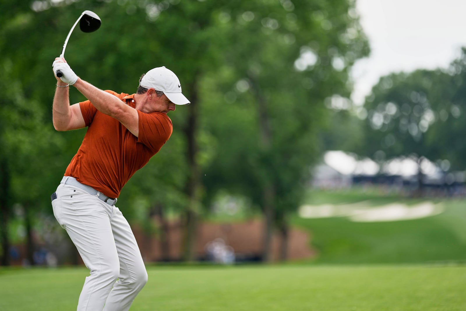 Rory McIlroy, of Northern Ireland, hits his tee shot on the 11th hole during the second round of the PGA Championship golf tournament at the Quail Hollow Club, Friday, May 16, 2025, in Charlotte, N.C. (AP Photo/George Walker IV)