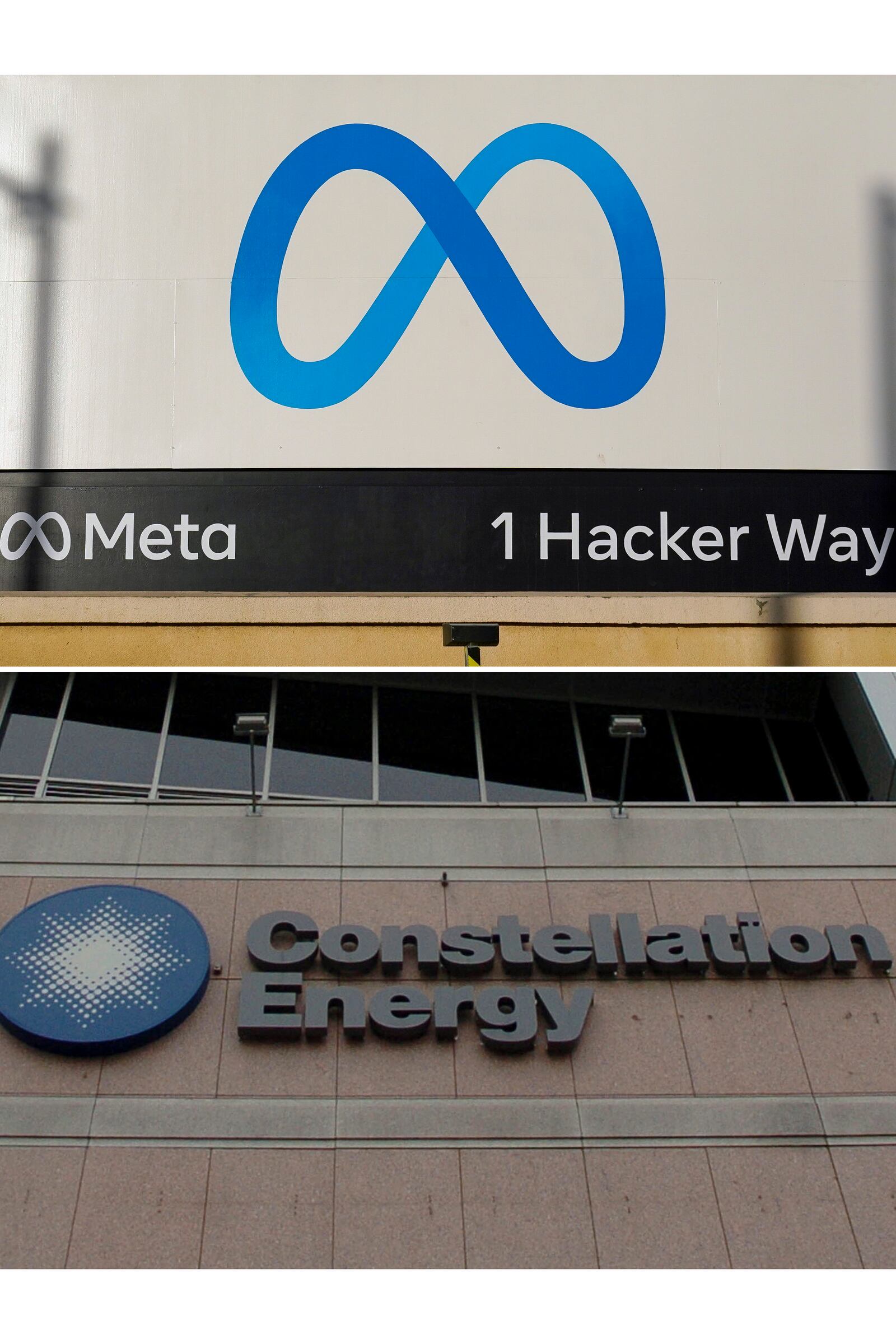FILE - This combo image shows Meta's logo, top, at the company's headquarters in Menlo Park, Calif., Nov. 9, 2022 and The Constellation Energy building, Dec. 19, 2005 in a Baltimore. (AP Photo/Godofredo A. Vásquez, Gail Burton, File)