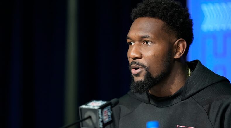 Florida defensive lineman Zach Carter speaks during a press conference at the NFL football scouting combine in Indianapolis, Friday, March 4, 2022. (AP Photo/AJ Mast)