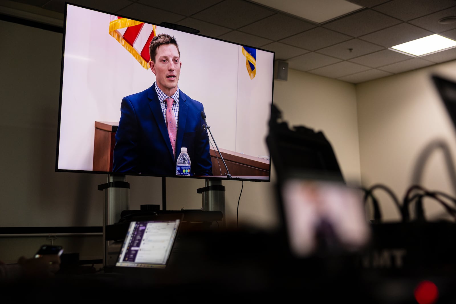 Former Grand Rapids Police officer Christopher Schurr testifies during his fifth day of trial at the Kent County Courthouse in Grand Rapids, Mich. on Friday, May 2, 2025. (Joel Bissell /Kalamazoo Gazette via AP)