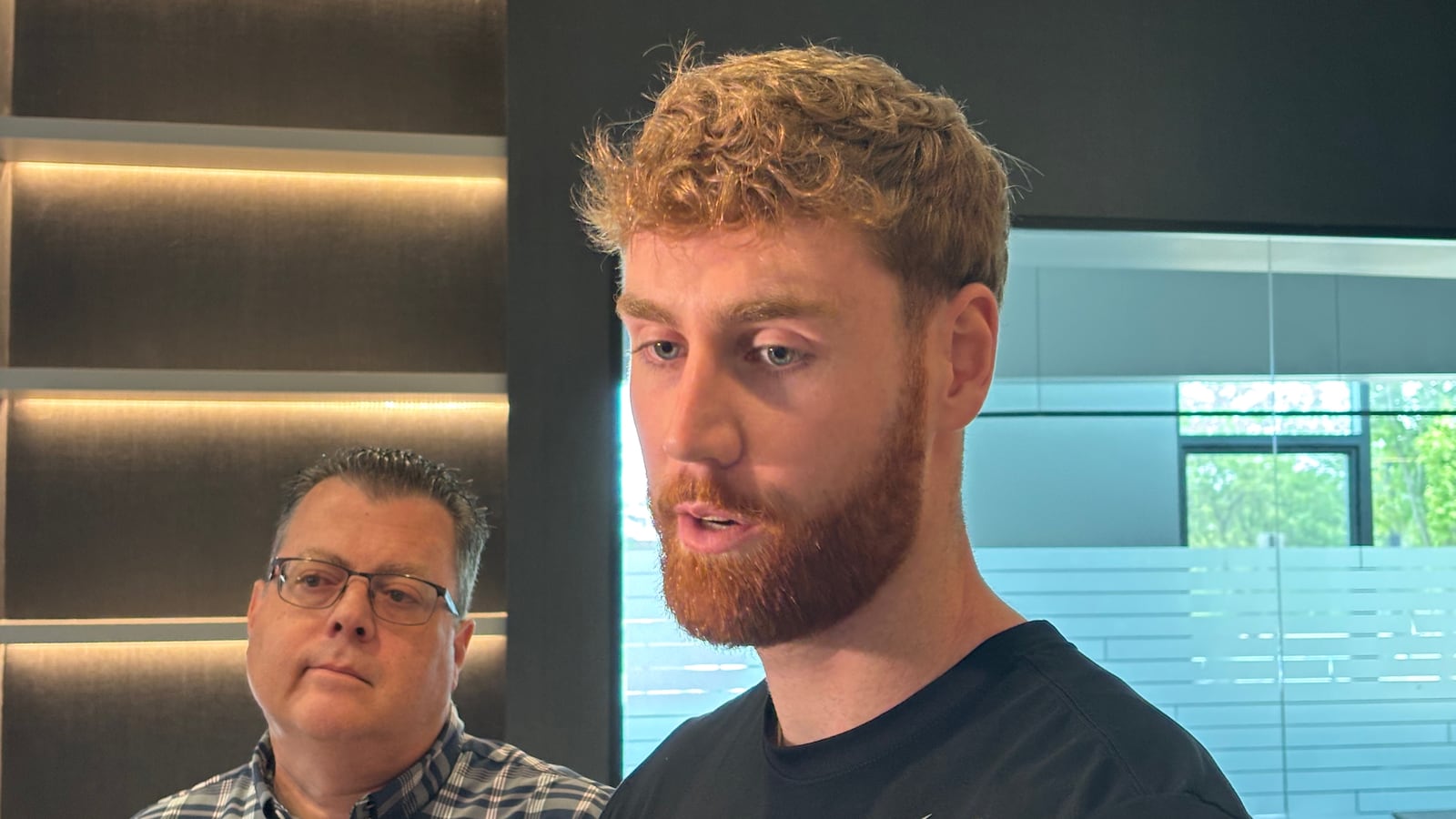 Ohio State F Brandon Noel speaks with reporters for the first time after transferring from Wright State. (Marcus Hartman/STAFF)