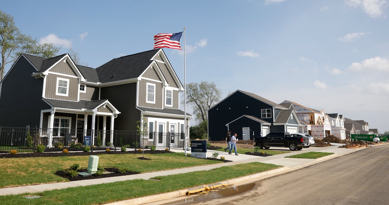 Men explore new houses on Tuesday, April 29, 2025, in the Arbor Homes neighborhood of Melody Parks. JOSEPH COOKE/STAFF