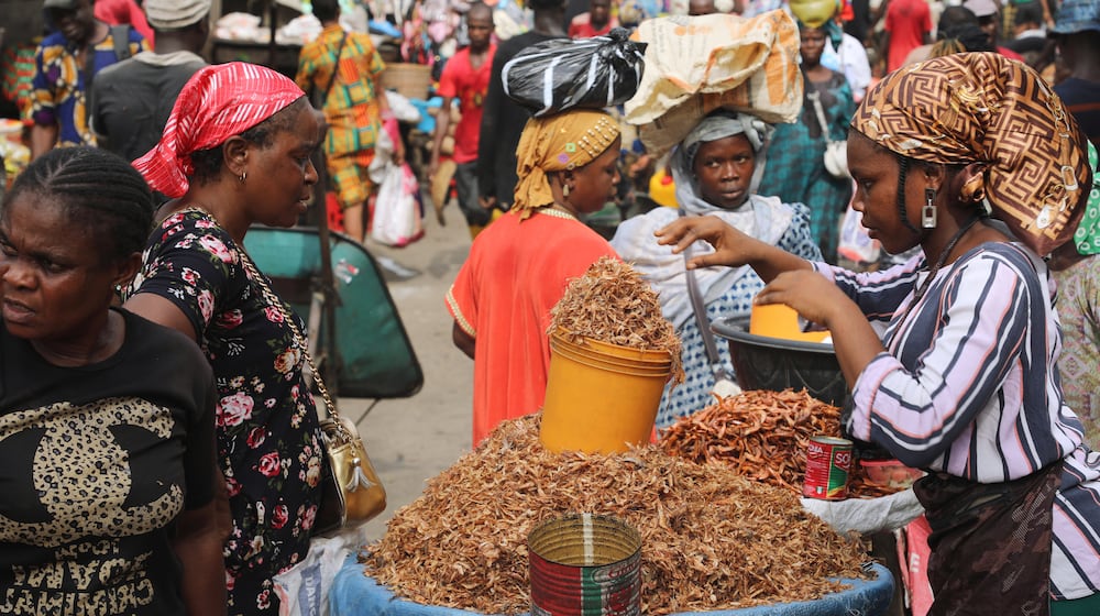 FILE - A vendor sells crayfish at a Mile 12 Market in Lagos, Nigeria, Feb. 16, 2024. (AP Photo/Mansur Ibrahim, File)