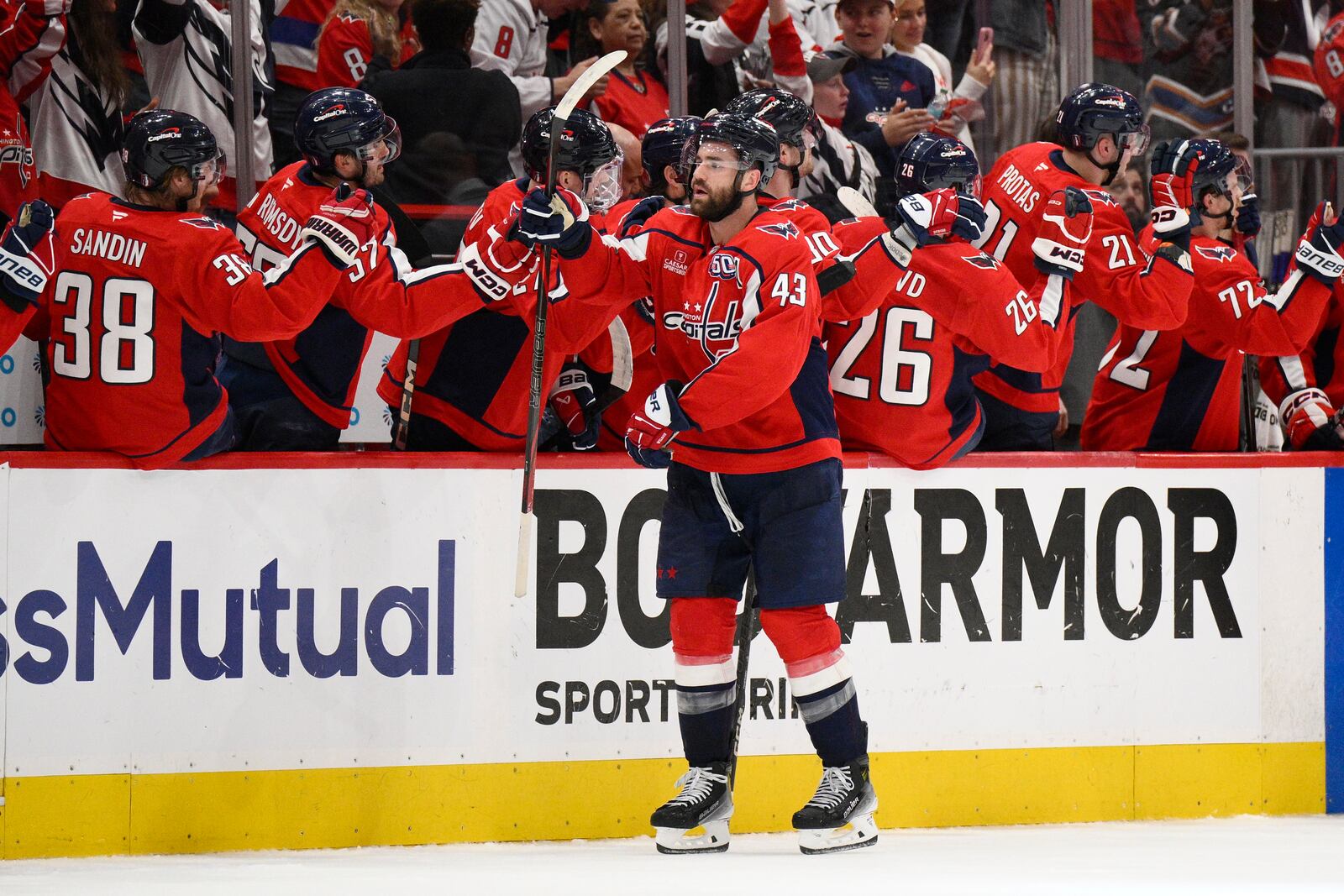 Washington Capitals right wing Tom Wilson (43) celebrates his goal in the second period of Game 5 of a first-round NHL hockey playoff series against the Montreal Canadiens, Wednesday, April 30, 2025, in Washington. (AP Photo/Nick Wass)