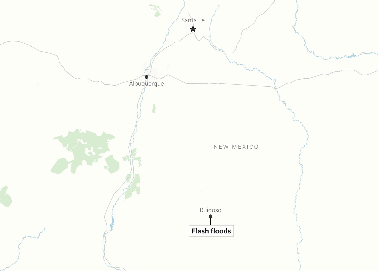 A locator map showing the location of flash floods in New Mexico. (AP Digital Embed)