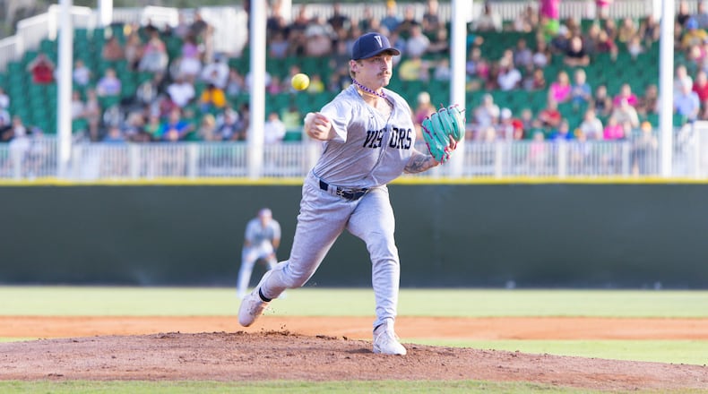 Springfield native Gage Voorhees throws a pitch for The Visitors during their game against the Party Animals earlier this month at Grayson Stadium in Savannah, Ga. CONTRIBUTED PHOTO BY BANANA BALL