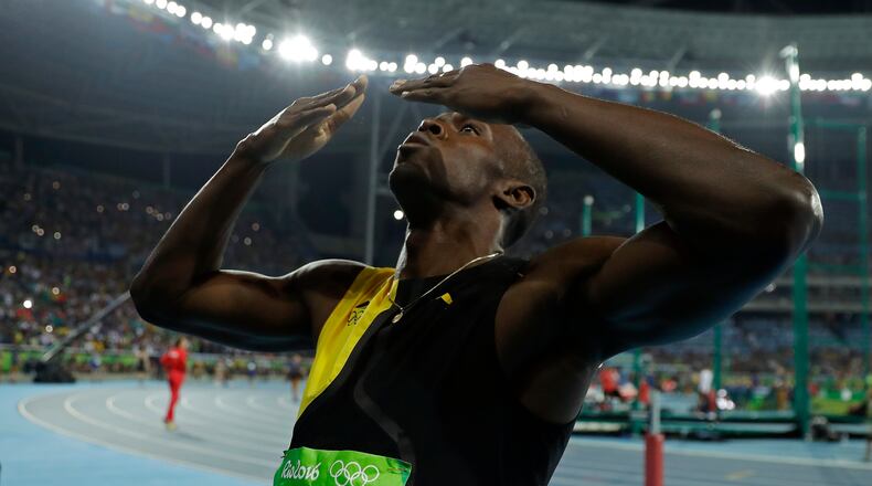 Jamaica's Usain Bolt celebrates after winning the gold medal during the men's 100-meter final during the athletics competitions in the Olympic stadium of the 2016 Summer Olympics in Rio de Janeiro, Brazil, Sunday, Aug. 14, 2016. (AP Photo/Matt Slocum)