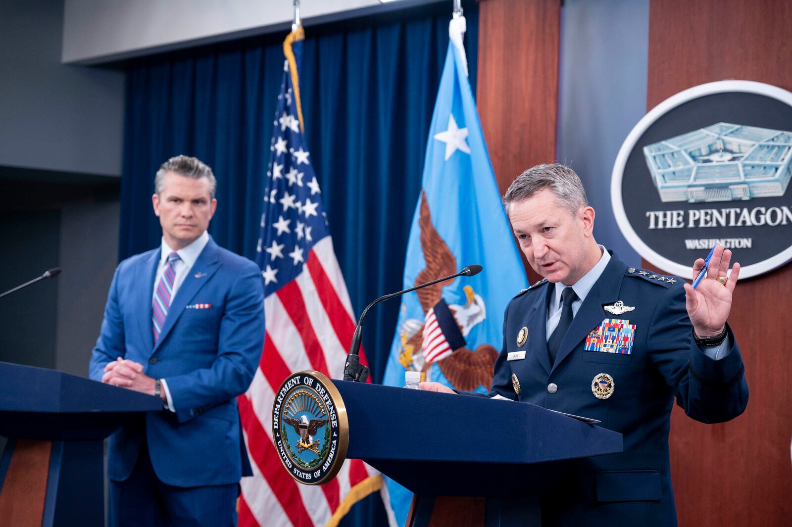 Joint Chiefs Chairman Gen. Dan Caine speaks at a news conference with Defense Secretary Pete Hegseth at the Pentagon, Thursday, June 26, 2025 in Washington. (AP Photo/Kevin Wolf)