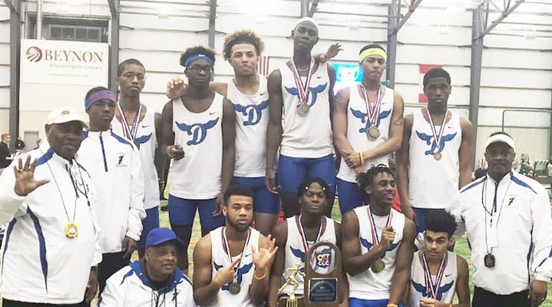 The Dunbar boys won their fifth straight combined Divisions II-III state indoor track and field team title at Spire Academy in Geneva last weekend. CONTRIBUTED PHOTO