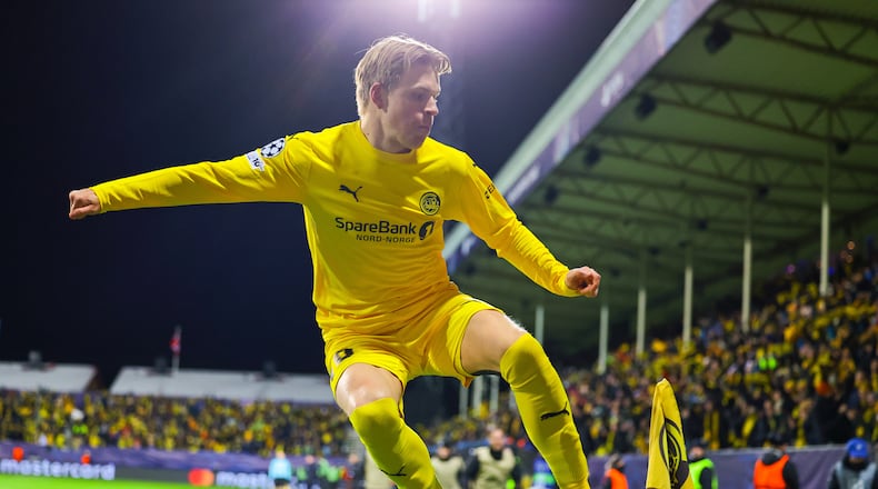 Bodø/Glimt's Jens Petter Hauge celebrates after scoring against Inter Milan during a Champions League soccer match, Wednesday, Feb 18, 2026, in Bodo, Norway. (Thomas Andersen/NTB Scanpix via AP)