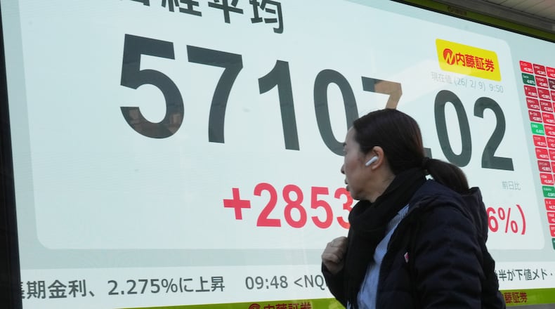 A person walks in front of an electronic stock board showing Japan's Nikkei index at a securities firm Monday, Feb. 9, 2026, in Tokyo. (AP Photo/Eugene Hoshiko)