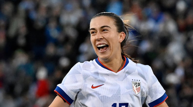FILE - United States' Sam Coffey (17) celebrates after her goal during the second half of an international friendly women's soccer match against Portugal, Sunday, Oct. 26, 2025, in East Hartford, Conn. (AP Photo/Jessica Hill, file)