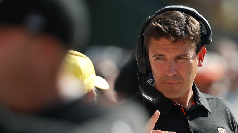 Cincinnati Bengals offensive coordinator Bill Lazor is seen on the bench during the first half of an NFL football game against the Green Bay Packers Sunday, Sept. 24, 2017, in Green Bay, Wis. (AP Photo/Matt Ludtke)