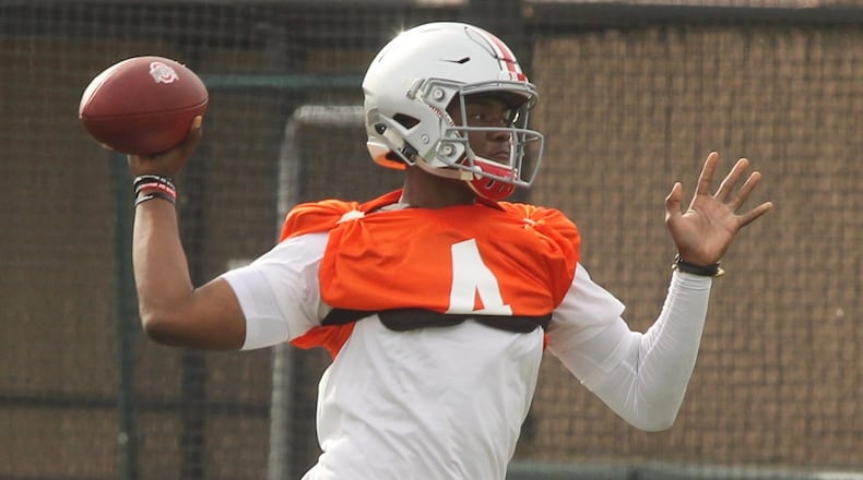 Ohio State’s Dwayne Haskins throws a pass during a Fiesta Bowl practice at Notre Dame Prep Academy on Wednesday, Dec. 28, 2016, in Scottsdale, Ariz. David Jablonski/Staff