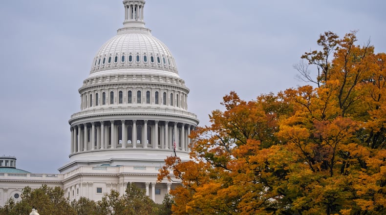 The Capitol is seen on day 34 of the government shutdown, in Washington, Monday, Nov. 3, 2025. (AP Photo/J. Scott Applewhite)