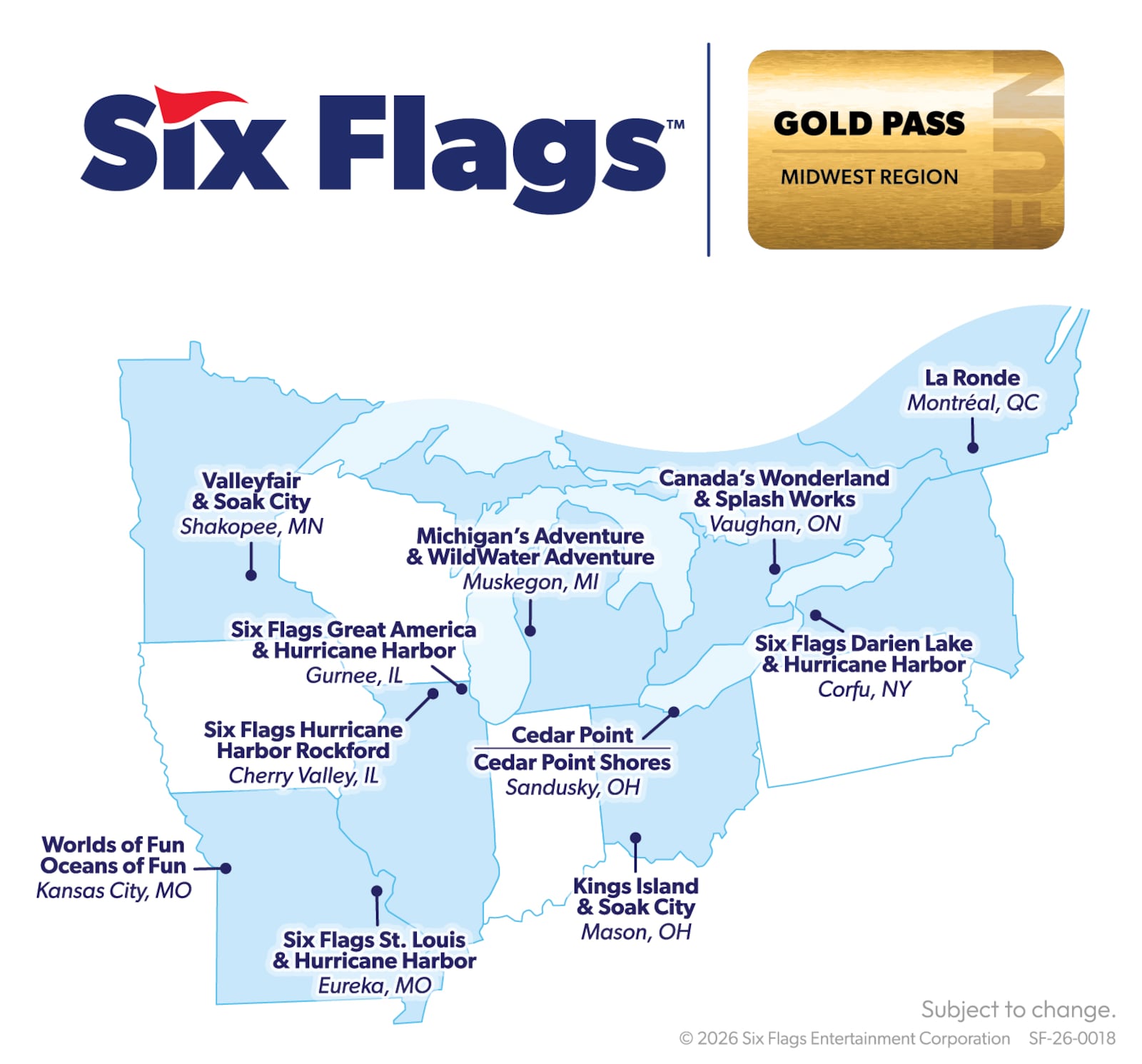Kings Island's parent company, Six Flags, announced a new Regional Park Access system in February 2026. Anyone with a Gold Pass receives admission to all parks within a certain region. Contributed