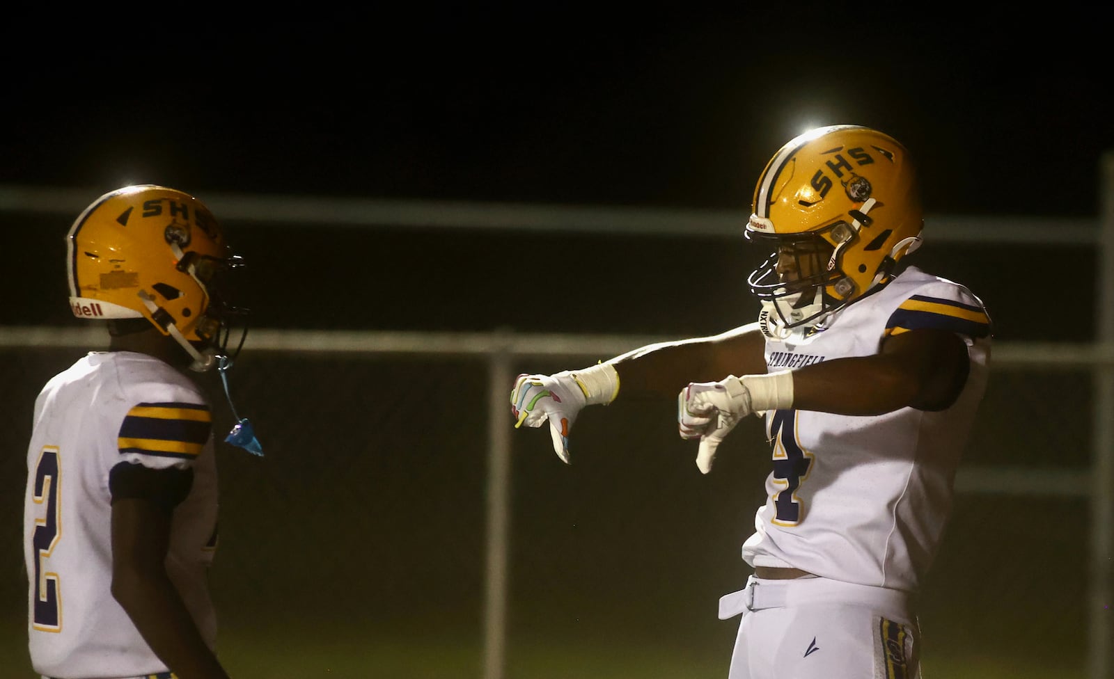 Springfield's Taj Powell celebrates after a defensive stop against Trotwood-Madison  on Friday, Sept. 5, 2025, at Trotwood. David Jablonski/Staff