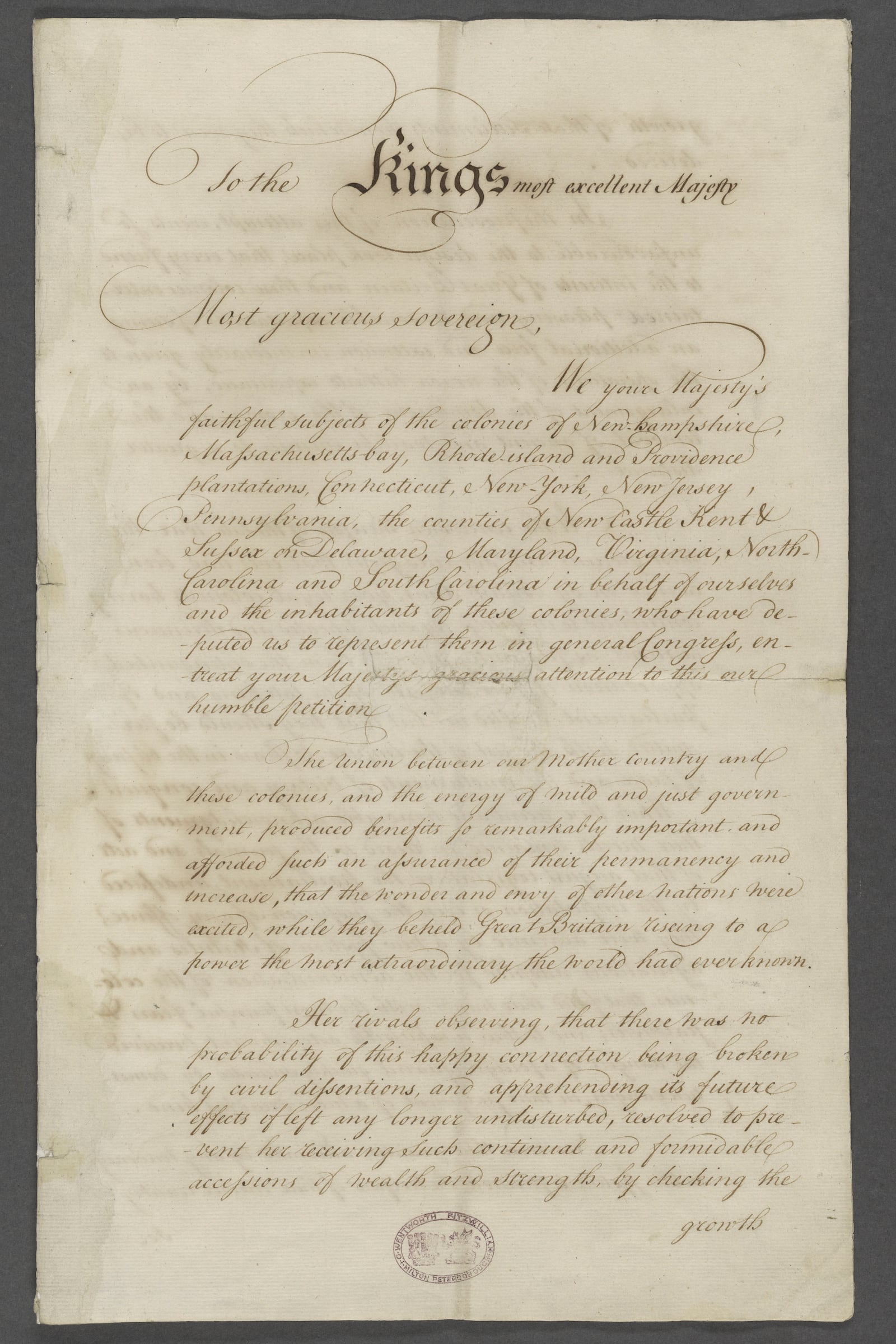 This image provided by The New York Public Library shows a document known as the "Olive Branch Petition," asking King George III to restore harmony between Britain and the American colonies, ratified on July 5, 1775. (The New York Public Library via AP)