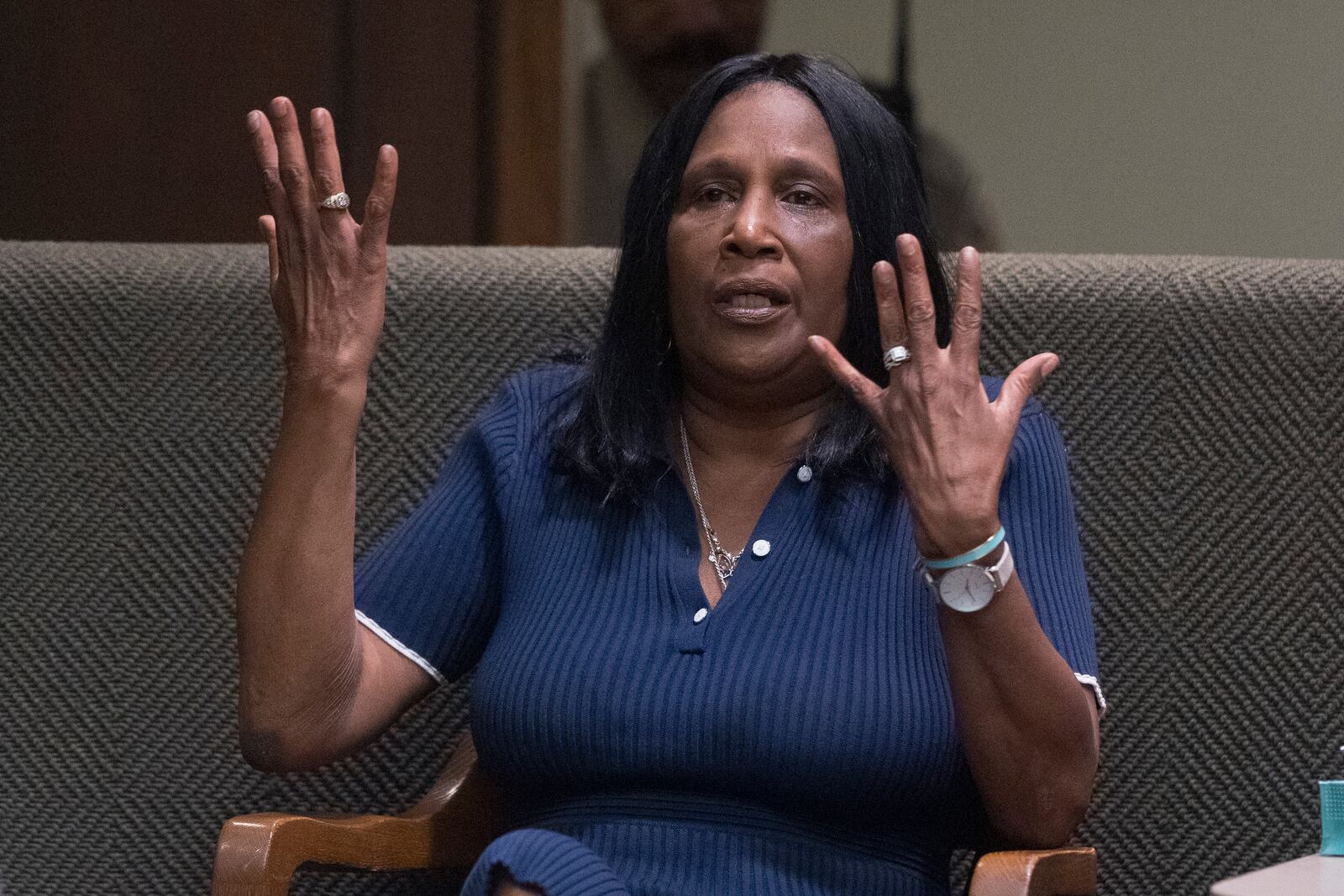 RowVaughn Wells, the mother of Tyre Nichols, answers a question while taking the stand as a witness during the first day of the criminal trial for the death of Nichols in Memphis, Tenn., on Monday, April 28, 2025. (Chris Day/Commercial Appeal/USA Today Network, via AP, Pool)
