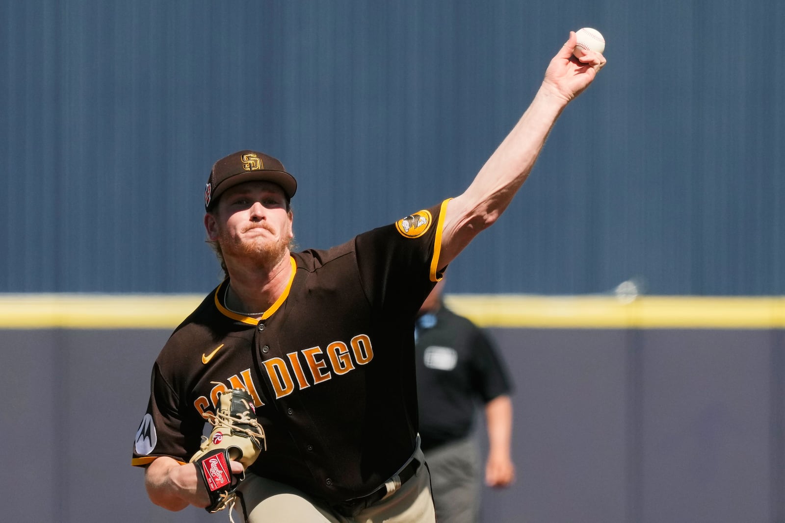 FILE - San Diego Padres starting pitcher Jay Groome throws against the Milwaukee Brewers during the second inning of a spring training baseball game Thursday, March 23, 2023, in Phoenix. (AP Photo/Ross D. Franklin, File)
