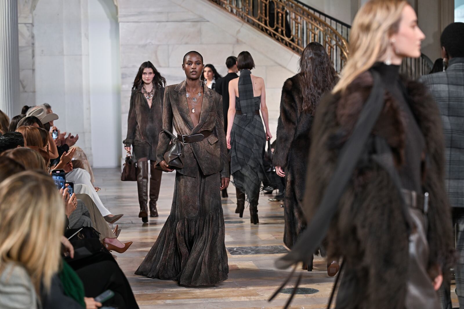Models walk the runway at the Ralph Lauren Fall 2025 presentation on Thursday, April 17, 2025, in New York. (Photo by Evan Agostini/Invision/AP)