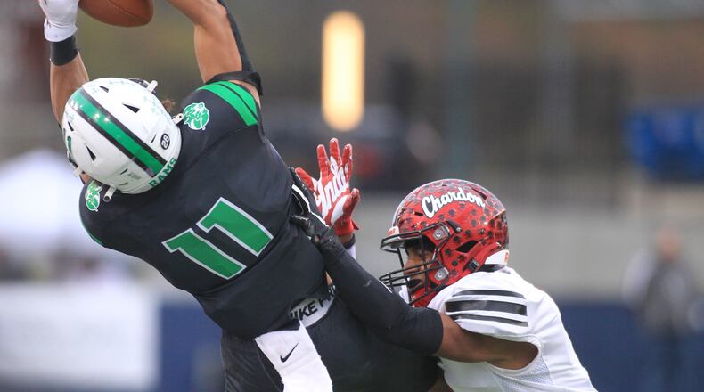 Badin's Braedyn Moore makes a catch against Chardon in the Division III state championship game on Friday, Dec. 3, 2021, at Tom Benson Hall of Fame Stadium in Canton. David Jablonski/Staff
