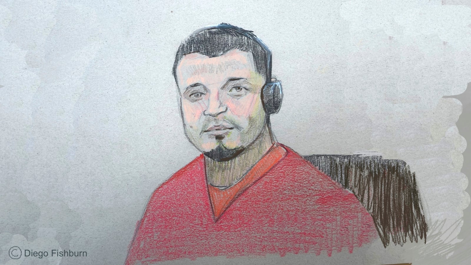 This courtroom sketch depicts Kilmar Abrego Garcia sitting in court during his detention hearing on Wednesday, June 25, 2025, in Nashville, Tenn. (Diego Fishburn via AP)