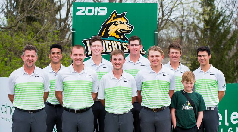 The 2018-19 Wright State men’s golf team, from left (front row): Head Coach Brian Arlinghaus, Bryce Haney, Mitch Lehigh, Cole Corder, JJ Hill. Back Row: Blake Hale, Nate Arnold, Austin Schoonmaker, Davis Root, Alec Velasco. Joseph Craven/CONTRIBUTED
