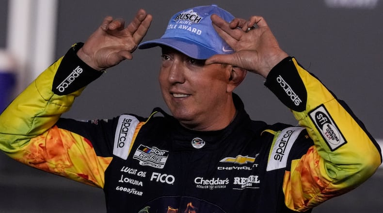 Kyle Busch prepares for a photo during NASCAR Daytona 500 qualifying, Wednesday, Feb. 11, 2026, in Daytona, Fla. (AP Photo/Mike Stewart)