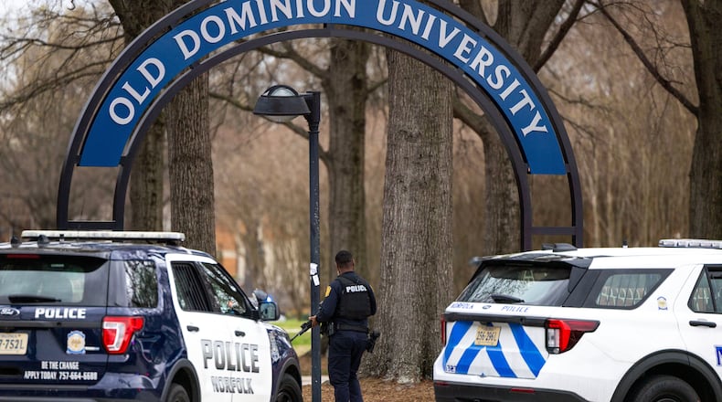 Police arrive outside Old Dominion University's campus after reports of an active shooter on Thursday, March 12, 2026 in Norfolk, Va. (Kendall Warner/The Virginian-Pilot via AP)