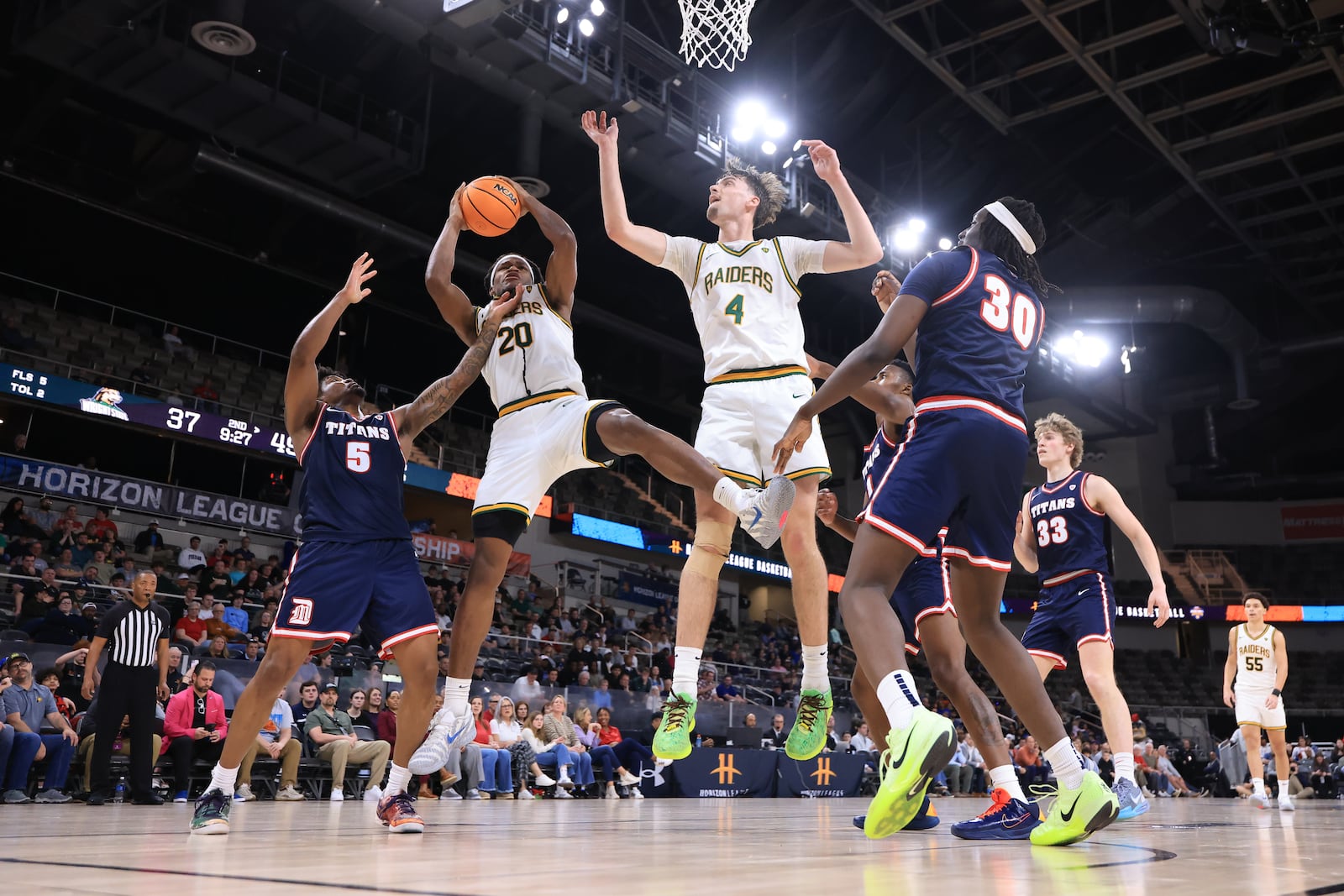 Wright State University's Andrea Holden pulls down a rebound during the Horizon League tournament championship game against Detroit Mercy on Tuesday, March 10, 2026 at the Corteva Coliseum in Indianapolis. The Raiders won 66-63. HORIZON LEAGUE / CONTRIBUTED PHOTO