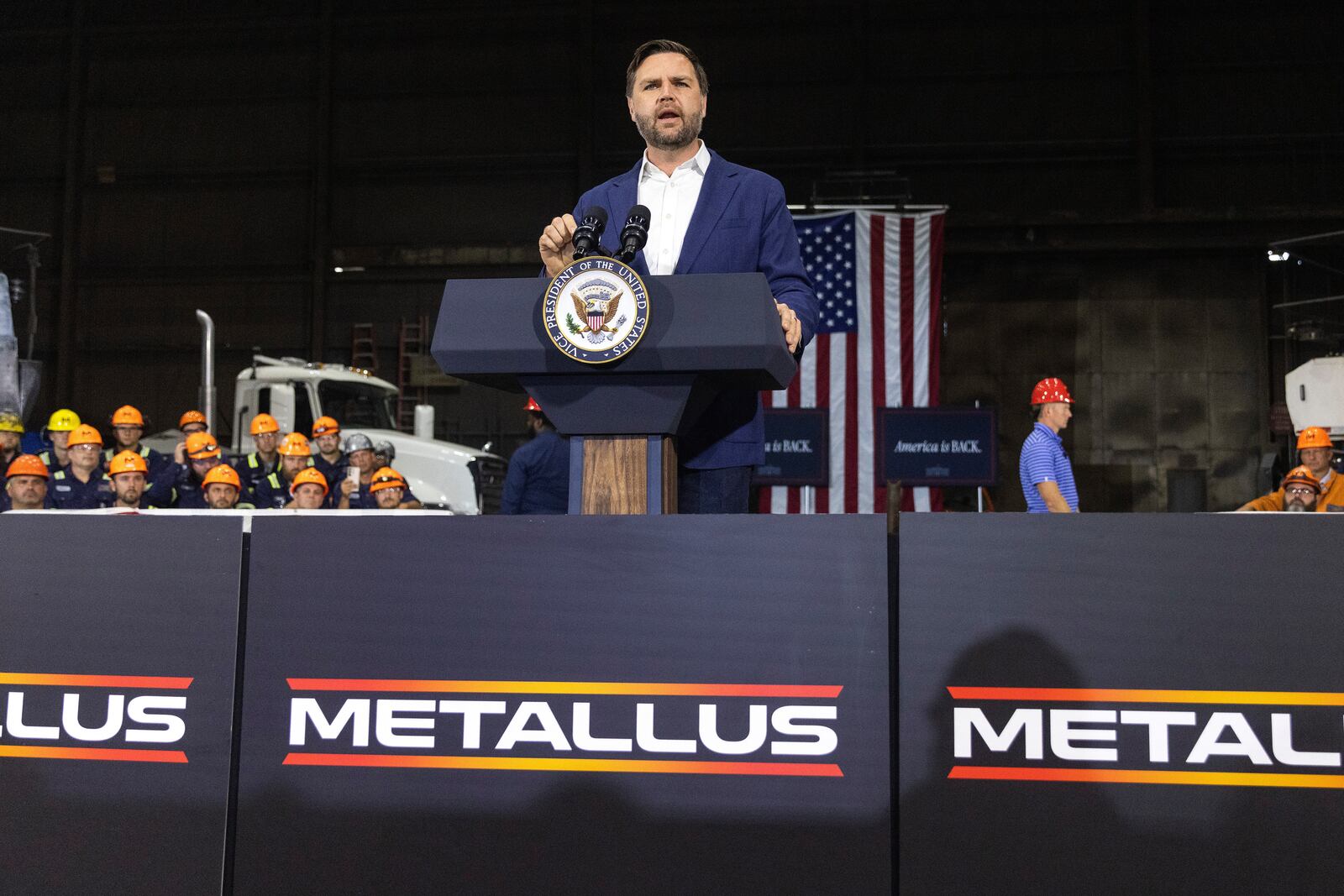 Vice President JD Vance speaks at the Metallus plant in Canton, Ohio, Monday, July 28, 2025. (Maddie McGarvey/The New York Times via AP, Pool)