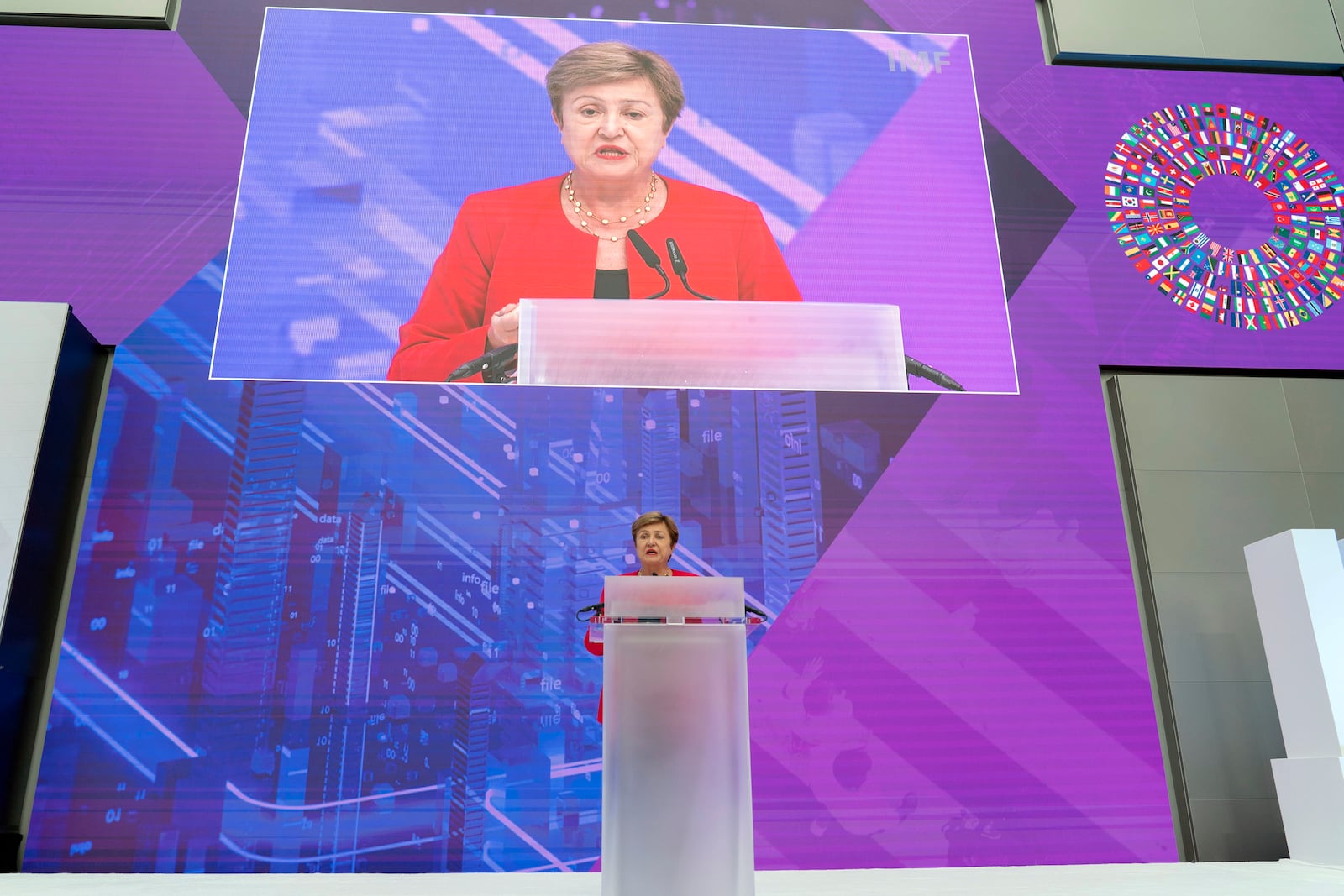 International Monetary Fund (IMF) Managing Director Kristalina Georgieva speaks at the forum Tokenization and the Financial System during the World Bank/IMF Spring Meetings at the International Monetary Fund (IMF) headquarters in Washington, Wednesday, April 23, 2025. (AP Photo/Jose Luis Magana)
