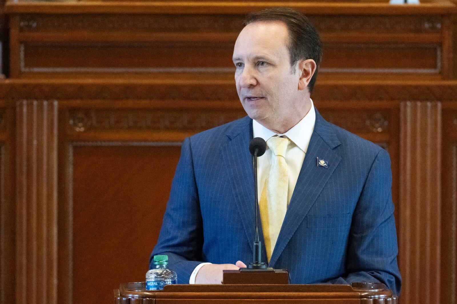 FILE - Louisiana Gov. Jeff Landry addresses members of the House and Senate on opening day of a legislative special session focusing on crime, Feb. 19, 2024, in the House Chamber of the state Capitol in Baton Rouge, La. (Hilary Scheinuk/The Advocate via AP, File)