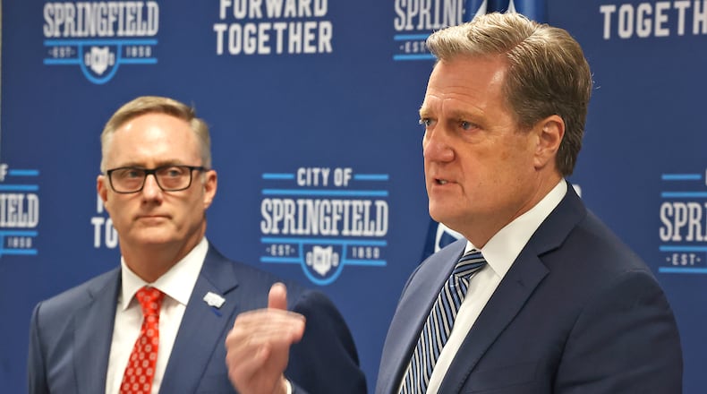 Congressman Mike Turner speaks after meeting with city of Springfield representatives, including Assistant Mayor Rob Rue, in background, Tuesday, Oct. 31, 2023. BILL LACKEY/STAFF